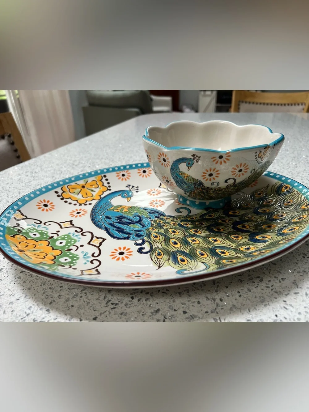 Artistic Accents Hand-Painted Platter & Bowl Peacock Coastline Imports EUC
